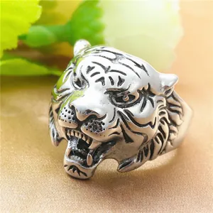 Vintage stainless steel tiger ring for men with a punk style roaring animal design
