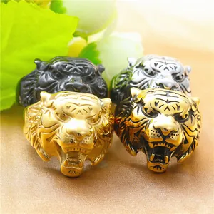 Retro punk tiger head ring in silver, gold, and black stainless steel for men