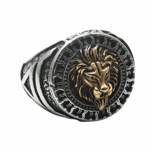 Retro punk titanium steel lion head ring with dual-tone gold and silver metallic finish