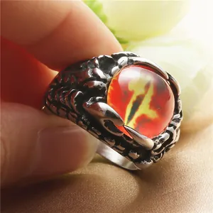 Retro punk dragon claw ring with a striking red dragon eye in durable stainless steel