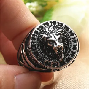 Vintage stainless steel lion head ring for men with punk style and high polished finish