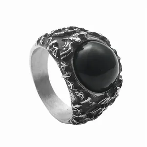Punk vintage titanium steel bat ring with black stone inlay and carved silver band