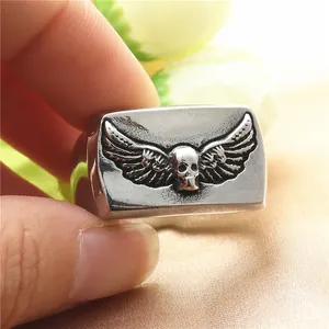 Vintage punk titanium steel skull ring with wings in antique silver finish for men