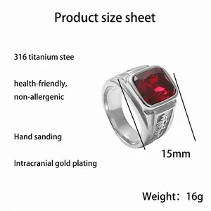Vintage punk style titanium steel ring for men featuring square red gemstone inlay