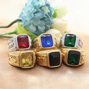 Retro titanium steel square gemstone rings for men in multiple colors and vintage relief