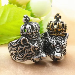 Vintage lion head rings with cross crown in silver and gold stainless steel finishes