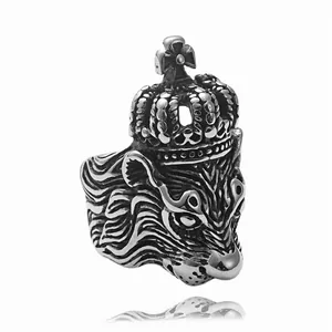 Vintage stainless steel lion head ring with crown and cross design for men