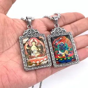 Retro titanium steel rectangular Buddhist Thangka pendant with ornate silver floral frame