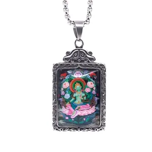 Collar retro de acero inoxidable con colgante rectangular thangka de Green Tara