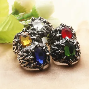 Gothic dragon claw stainless steel rings set with colorful oval stones in five vibrant colors