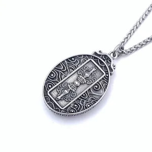 Retro titanium steel oval pendant with Vajra carving and vintage chain for men and women
