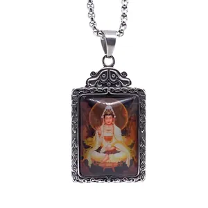Collar de Colgante Thangka Guanyin Bodhisattva de Acero Inoxidable Retro para Hombres Mujeres Joyería de Retrato de Buda Religioso