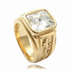 Detail shot of men's gold titanium ring with square zircon and relief dragon patterns