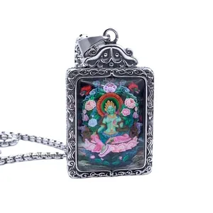 Collar de Pendentif Thangka de Tara Verde Religioso de Acero Inoxidable Vintage Joyería de Deidad Pintada Étnica
