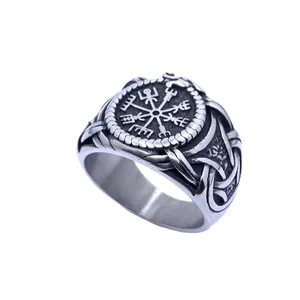 Men's Viking compass ring in stainless steel with Celtic knots and Ouroboros design