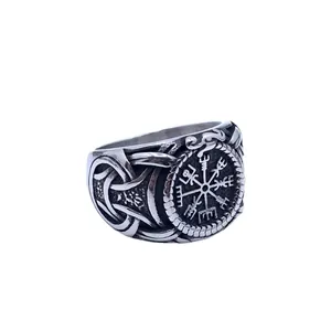 Men's vintage Viking compass ring in stainless steel with Celtic knot engravings