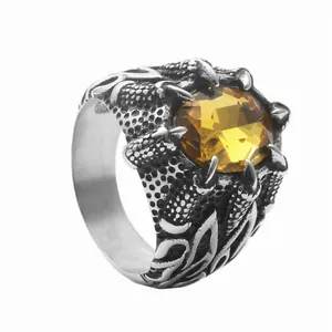 Vintage gothic dragon claw ring in stainless steel with a large yellow faceted gemstone