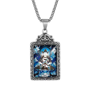 Vintage stainless steel Thangka Buddha pendant necklace with colorful religious art