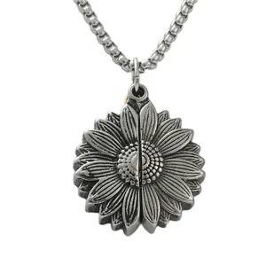 Collier médaillon tournesol rétro en acier inoxydable avec pendentif floral et chaîne à maillons