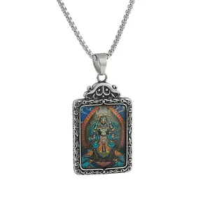 Vintage titanium steel Thangka pendant necklace with intricate colorful Buddhist art