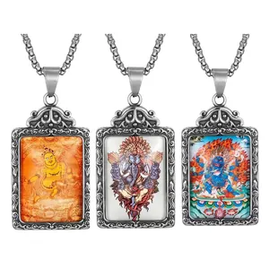 Vintage Titanium Steel Thangka Religious Pendant Necklace For Men Ganesha Mahakala Jambhala Buddhist Art Rectangular Jewelry
