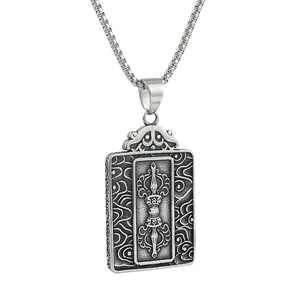 Retro titanium steel rectangle pendant with Vajra carving and cloud pattern on box chain