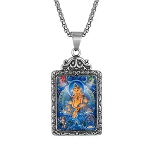 Retro titanium steel rectangle pendant with Buddhist Mahakala deity on thick metal chain
