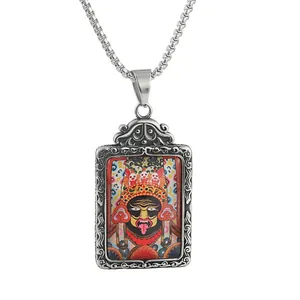 Vintage titanium steel rectangle pendant necklace with colorful traditional art painting