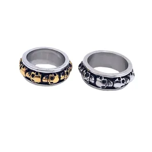 Anillos de calavera hip hop para hombre en acero inoxidable plateado y dorado