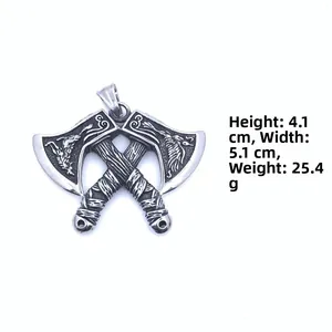 Pendentif hache viking rétro avec bouclier runique en acier inoxydable, 4,1x5,1cm