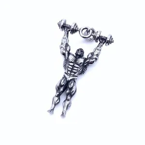 Vintage titanium steel muscular man dumbbell pendant necklace for bodybuilding enthusiasts