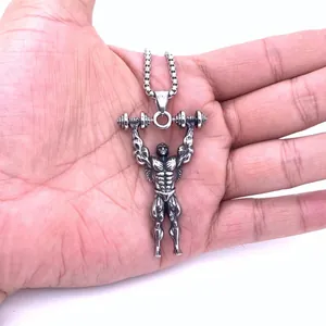 Retro stainless steel bodybuilding necklace featuring a muscular man with a barbell pendant