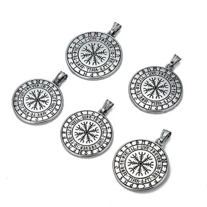 Viking wolf head and Vegvisir compass pendant with Runes engraved in vintage steel