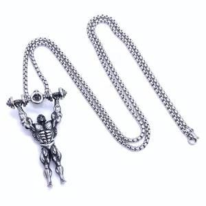 Retro stainless steel dumbbell bodybuilder pendant with bead chain for men