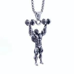 Vintage Stainless Steel Muscle Man Barbell Pendant Necklace For Men Fitness Gym Weightlifter Retro Male Jewelry Gift