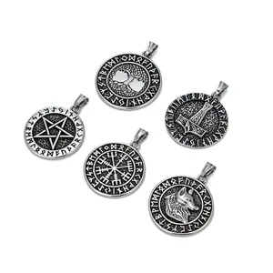 Nordic Viking Stainless Steel Pendant Necklace Retro Ancient Silver Rune Wolf Head Thor's Hammer Tree of Life Jewelry