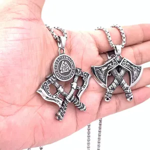 Pendentif hache viking et bouclier runique Valknut en acier titane pour hommes de style rétro