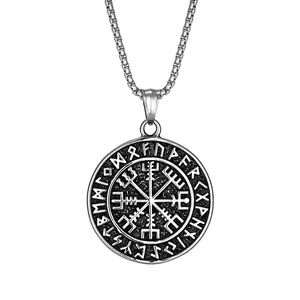 Vintage Viking Vegvisir compass necklace with Rune engravings on a circular pendant