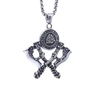 Collier viking nordique avec haches croisées et pendentif runes en acier vintage