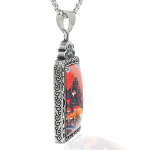 Pendentif rectangulaire en titane avec thangka coloré et gravures sur les côtés
