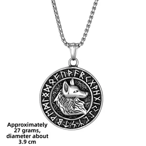 Collana con ciondolo testa di lupo vichingo con cerchio runico in acciaio inossidabile