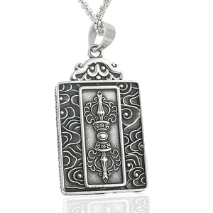Pendentif Vajra vintage en acier inoxydable avec gravures bouddhistes et chaîne argent