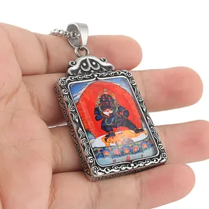 Pendentif Dieu de la Richesse en acier titane vintage avec motif Thangka coloré