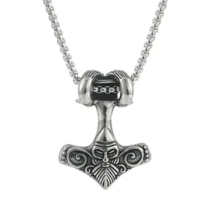 Vintage Thor's Hammer Mjölnir pendant in stainless steel with Viking totem engravings