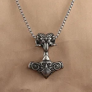 Vintage Viking Thor's Hammer Pendant Necklace For Men Stainless Steel Goat Head Mjolnir Odin Warrior Retro Punk Jewelry Gift