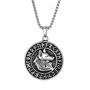 Detailed close-up of a Nordic Viking wolf head pendant with engraved rune circle