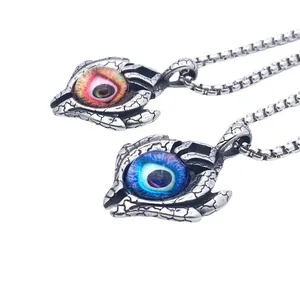 Ciondolo occhio del diavolo punk retrò in acciaio inossidabile argento con occhi blu e rossi