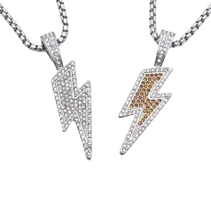 Collar de Colgante de Rayo Hip Hop de Acero Inoxidable Titanio Zirconia Strass Cadena Iced Out para Hombres Mujeres