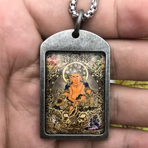 Collar de Colgante Thangka de Huang Caishen de Acero Inoxidable Vintage para Hombres Mujeres Joyería de Amuleto Retro Budista