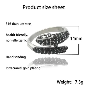Punk style snake ring in silver 316 stainless steel with sparkling black zircon stones